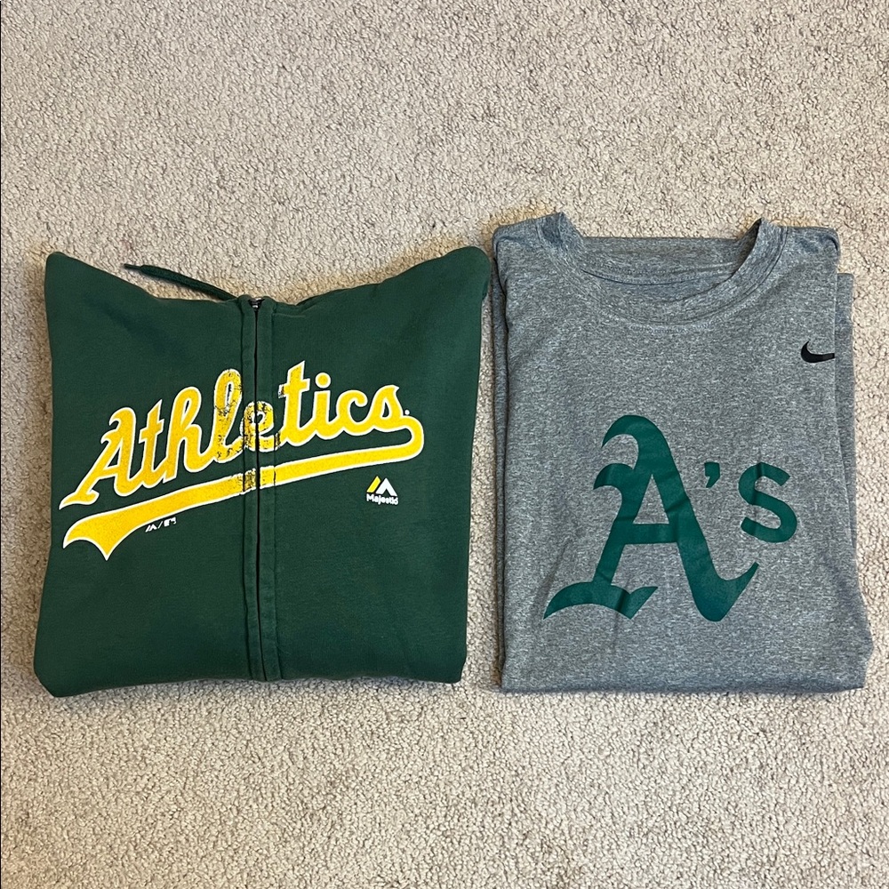 Nike Dri Fit Athletics Tee and Majestic A’s Full Zip Hoodie Size Small/Medium